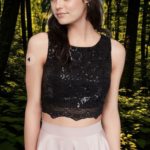 Lace Sequin Cropped Top Sz 13 L Black Romantic Witchy Goth Whimsigoth Sexy Bling - Picture 14 of 16